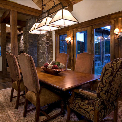 Kitchen/dining room combo - rustic medium tone wood floor kitchen/dining room combo idea in Denver