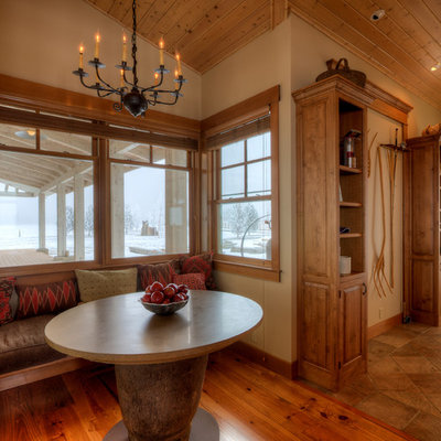 Kitchen/dining room combo - mid-sized cottage dark wood floor and beige floor kitchen/dining room combo idea in Seattle with beige walls and no fireplace