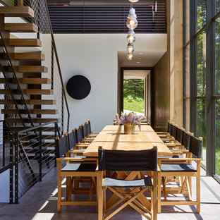 Inspiration for a contemporary gray floor dining room remodel in Other with white walls