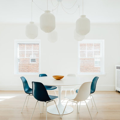 Dining room - mid-sized scandinavian light wood floor and beige floor dining room idea in Salt Lake City with white walls and no fireplace