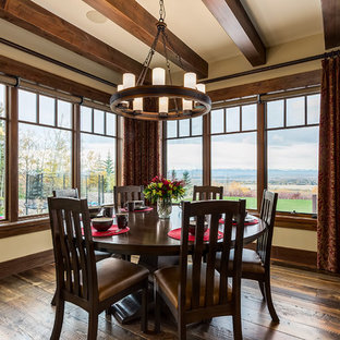 Foto de comedor de cocina de estilo americano, grande, sin chimenea, con paredes amarillas y suelo de madera en tonos medios