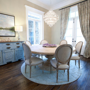 Inspiration for a shabby-chic style dark wood floor dining room remodel in Houston with beige walls