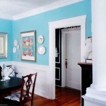 tiffany blue dining room | white millwork: trim, mouldings, casings, wainscoting