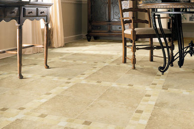 Design ideas for a dining room in Other with travertine flooring.