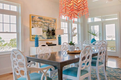 Beach style dining room photo in Wilmington with white walls
