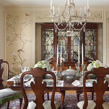 Traditional dining room featuring De Gournay wallpaper