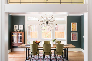 Inspiration for a transitional light wood floor and beige floor enclosed dining room remodel in Denver with green walls