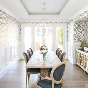 Immagine di una sala da pranzo chic chiusa con pareti multicolore, parquet chiaro, nessun camino e pavimento beige