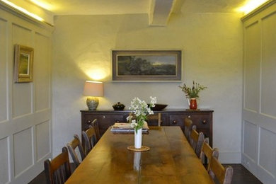 Photo of a small classic enclosed dining room in Other with green walls, dark hardwood flooring and a standard fireplace.