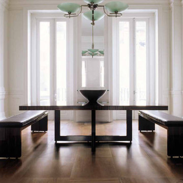 Transitional dining room with brown porcelain tile