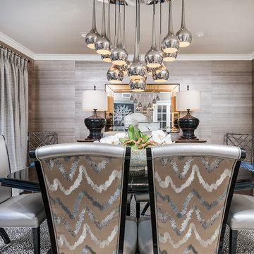 Transitional Dining Room with wallpaper in a neutral color palette