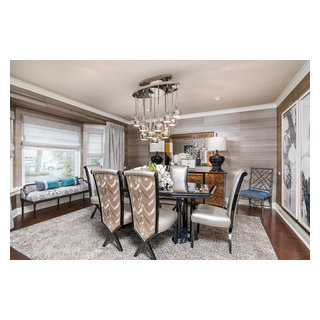 Transitional Dining Room with wallpaper in a neutral color palette