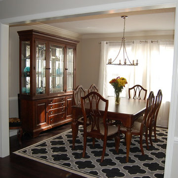 Transitional Family Room, Kitchen and Dining Room