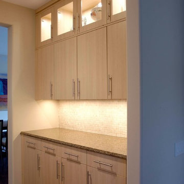 Transitional Flat Panel Cabinetry Butler's Pantry with Tile Backsplash