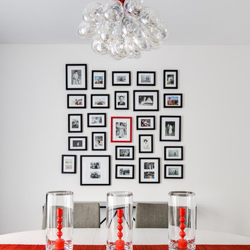 Transitional Gray, Blue and Red Dining Room