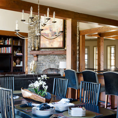 Great room - contemporary medium tone wood floor and brown floor great room idea in Other with white walls, a standard fireplace and a stone fireplace