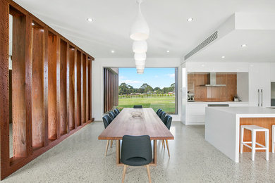 Ejemplo de comedor contemporáneo extra grande abierto con paredes blancas y suelo de cemento