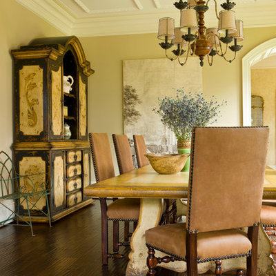 Enclosed dining room - large mediterranean dark wood floor and brown floor enclosed dining room idea in DC Metro with beige walls and no fireplace