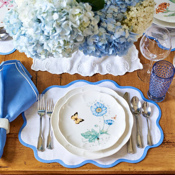 Two-tone Transitional Kitchen: A table set in wedgewood blue and white