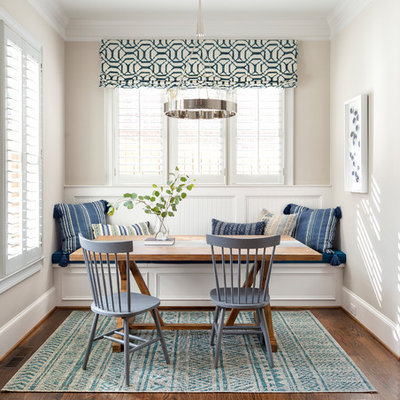 Small beach style dark wood floor dining room photo in Atlanta with beige walls and no fireplace