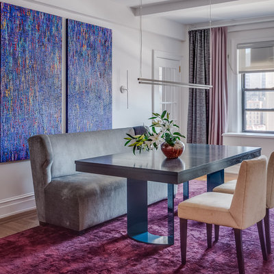 Inspiration for a contemporary dining room remodel in New York with white walls