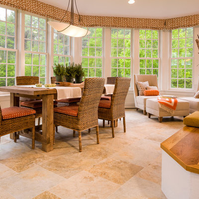 Mid-sized farmhouse porcelain tile great room photo in Burlington with white walls