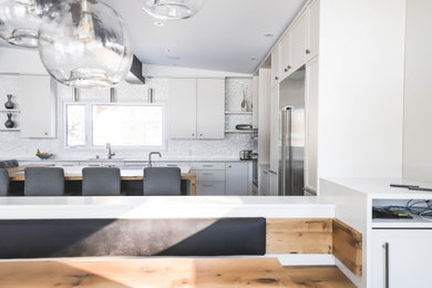 Inspiration for a traditional kitchen/dining room in Other with white walls, vinyl flooring, no fireplace and exposed beams.