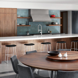 Kitchen/dining room combo - huge modern gray floor and porcelain tile kitchen/dining room combo idea in San Francisco with white walls and no fireplace