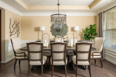 Large transitional dark wood floor, brown floor and wainscoting enclosed dining room photo in Atlanta with no fireplace and beige walls