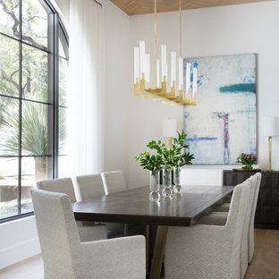 Großes Mediterranes Esszimmer mit weißer Wandfarbe, hellem Holzboden und beigem Boden in Austin