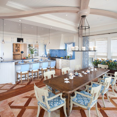 Inspiration for a large coastal kitchen/dining room combo remodel in Philadelphia with white walls and no fireplace
