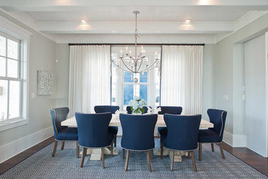 Beach style dark wood floor and brown floor dining room photo in Other with gray walls