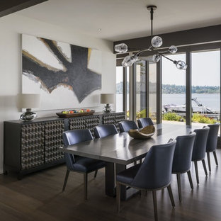 Modelo de comedor contemporáneo con paredes blancas, suelo marrón y suelo de madera oscura