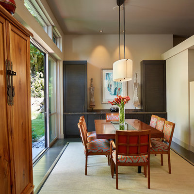 Inspiration for a mid-sized contemporary dark wood floor and brown floor kitchen/dining room combo remodel in Seattle with white walls and no fireplace