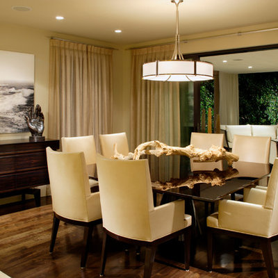 Great room - large contemporary dark wood floor great room idea in Miami with beige walls