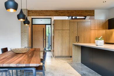 Esempio di una sala da pranzo aperta verso la cucina minimalista di medie dimensioni con pareti bianche, pavimento in cemento e pavimento grigio