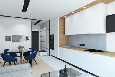 Идея дизайна: маленькая кухня-столовая с белыми стенами, полом из бамбука, бежевым полом и панелями на части стены для на участке и в саду