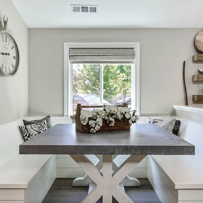 Inspiration for a mid-sized country light wood floor and beige floor kitchen/dining room combo remodel in San Francisco with gray walls and no fireplace