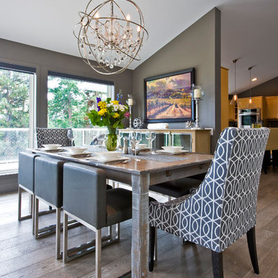 Dining room - contemporary dark wood floor dining room idea in Vancouver with gray walls
