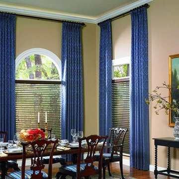 WOOD BLINDS - TALL CURTAIN PANELS - Lafayette Heartland Wood Blinds Dining Room