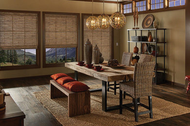 Mountain style dark wood floor dining room photo in Chicago with beige walls