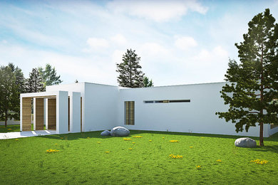 Стильный дизайн: одноэтажный, деревянный, белый дом среднего размера в современном стиле с плоской крышей - последний тренд