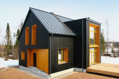 Идея дизайна: двухэтажный, деревянный, черный дом в скандинавском стиле с двускатной крышей