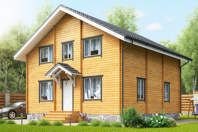 На фото: двухэтажный, деревянный дом среднего размера в классическом стиле с двускатной крышей с