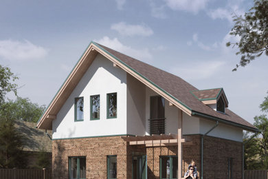 Diseño de fachada de casa marrón moderna pequeña de dos plantas con revestimientos combinados, tejado a dos aguas y tejado de teja de madera