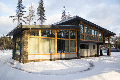 Aménagement d'une façade de maison noire scandinave en pierre de taille moyenne et à niveaux décalés avec un toit en appentis et un toit en métal.