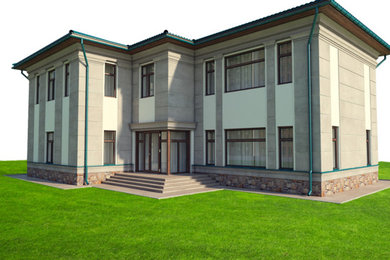 Пример оригинального дизайна: двухэтажный, серый дом среднего размера в современном стиле с облицовкой из камня