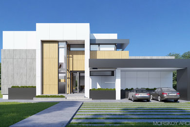 Стильный дизайн: двухэтажный, серый частный загородный дом среднего размера в стиле модернизм с комбинированной облицовкой и плоской крышей - последний тренд
