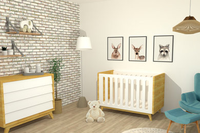 Imagen de dormitorio infantil de 1 a 3 años minimalista de tamaño medio con paredes blancas, suelo laminado, suelo marrón y papel pintado