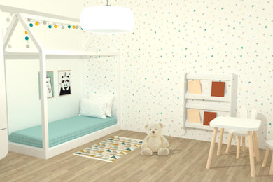 Diseño de dormitorio infantil escandinavo de tamaño medio con paredes blancas, suelo laminado y papel pintado